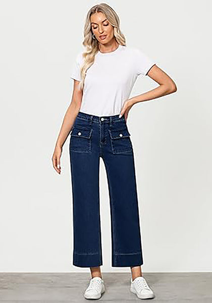 GRAPENT Wide Leg Jeans for Women Trendy High Waisted Straight Leg Cropped Stretchy Denim Pants with Retro Patch Pockets