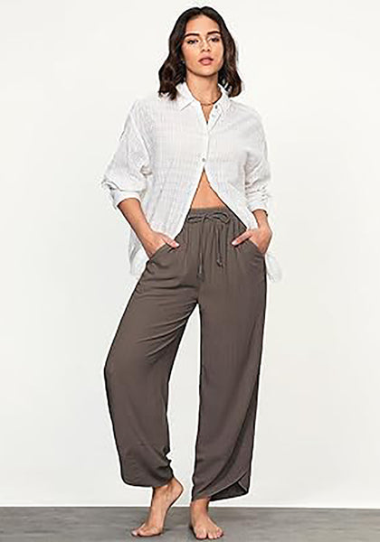GRAPENT Linen Pants Women High Waisted Wide Leg Casual Beach Pull On Elastic Waist Summer Cropped Pants with Pockets
