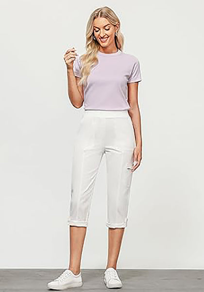 GRAPENT Capri Cargo Pants for Women High Waisted Pull On Elastic Waist Stretch Twill Fold Hem Capris Pants with Pockets