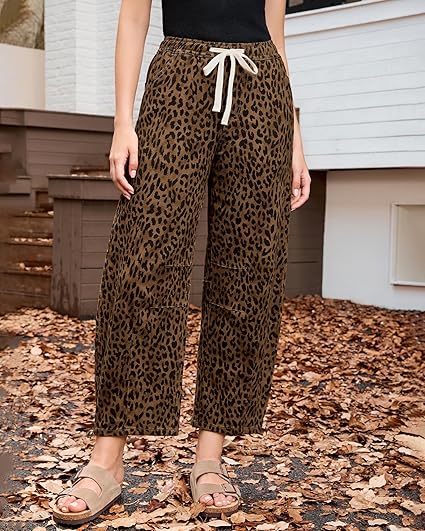 GRAPENT Barrel Jeans for Women Trendy High Waisted Pull On Wide Leg Cropped Leopard Cheetah Print Stretchy Denim Pants