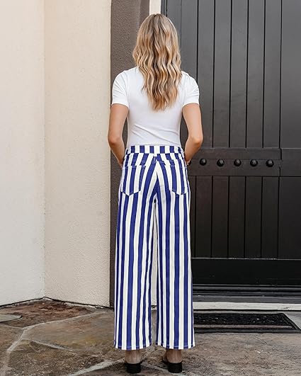 GRAPENT Women Jeans Striped Wide Leg High Waisted Trendy Stretchy Denim Pants Cute Casual Trouser Jeans with Pockets