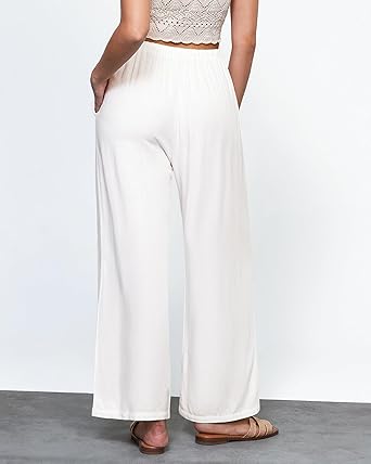 GRAPENT Linen Wide Leg Pants Woman High Waisted Pull On Button Drawstring Baggy Casual Summer Palazzo Pants with Pockets