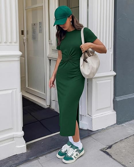 GRAPENT Long Dresses for Women Summer Casual Side Slit Twist Front 2026 Beach Vacation Short Sleeve Comfy Tshirt Dress