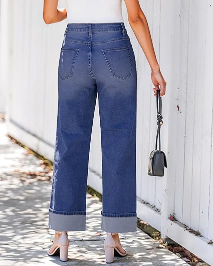 GRAPENT Wide Leg Jeans for Women Trendy High Waisted Cuffed Hem Stretchy Denim Trousers Pants Work Casual Jeans