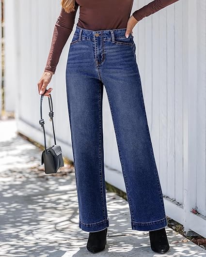 GRAPENT Wide Leg Jeans Woman High Waisted Trendy Stretchy Denim Pants Classic Trouser Jeans with Slash Pockets