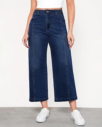 GRAPENT Wide Leg Jeans Woman Trendy Cropped High Waisted Front Seam Casual Stretchy Denim Trouser Jeans with Pockets