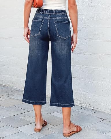 GRAPENT Capri Jeans for Women Wide Leg High Waisted Effortless Flow Pull On Stretchy Denim Elastic Waist Pants with Pockets
