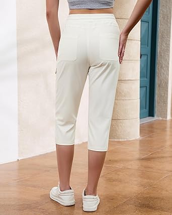 GRAPENT Capri Pants for Women Cargo Elastic Waist Pull On Drawstring Summer Casual Capris Cotton Chino Cropped Pants