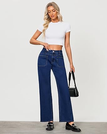 GRAPENT Wide Leg Jeans for Women Trendy High Waisted Loose Straight Leg Stretchy Retro Denim Pants with Pouch Pockets