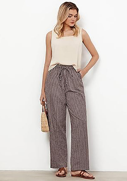 GRAPENT Striped Pants for Women High Waisted Wide Leg Cotton Linen Trendy Beach Pull on Elastic Waist Casual Flowy Pants