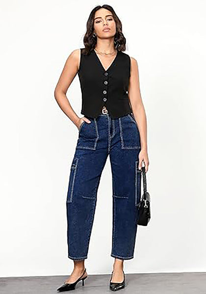 GRAPENT Barrel Jeans for Women Trendy High Waisted Cropped Cargo Pocket Baggy Stretch Denim Pants Wide Leg Tapered Jeans
