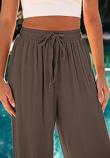 GRAPENT Wide Leg Pants Woman Linen High Waisted Pull On Flowy Casual Baggy Drawstring Palazzo Trousers Pants Resort Wear