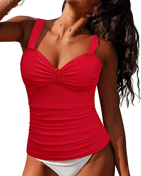 GRAPENT Women's Solid Stretch Ruched Twist Front Tankini Top With No Bottom