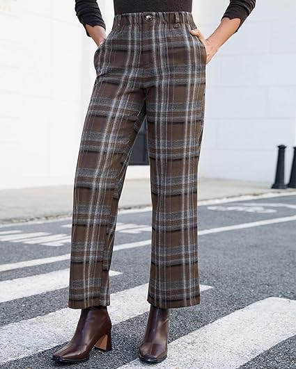 GRAPENT Plaid Pants for Women Wide Leg High Waisted Tartan Work Business Casual Elastic Waist Trousers Pants with Pocket