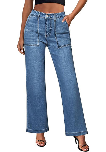 GRAPENT Jeans for Women High Waisted Straight Leg Jeans Stretchy Trendy Wide Leg Denim Pants Jean Trousers Patch Pockets