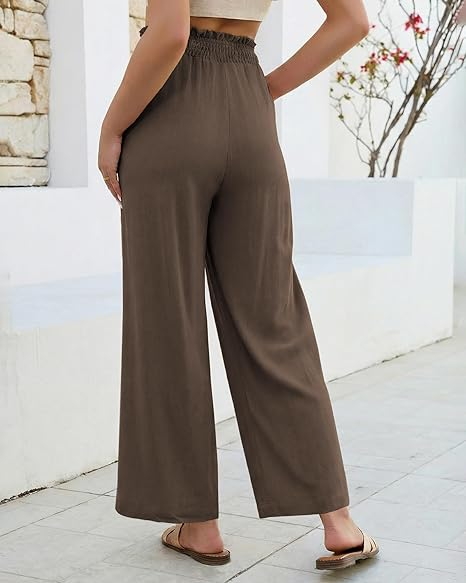 GRAPENT Linen Pants for Women Wide Leg High Waisted Paper Bag Smocked Waist Casual Summer Beach Vacation Palazzo Pants