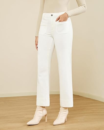 GRAPENT Wide Leg Jeans Woman Trendy High Waisted Patch Pocket Stretchy Denim Pants Vintage Casual Trouser Jeans