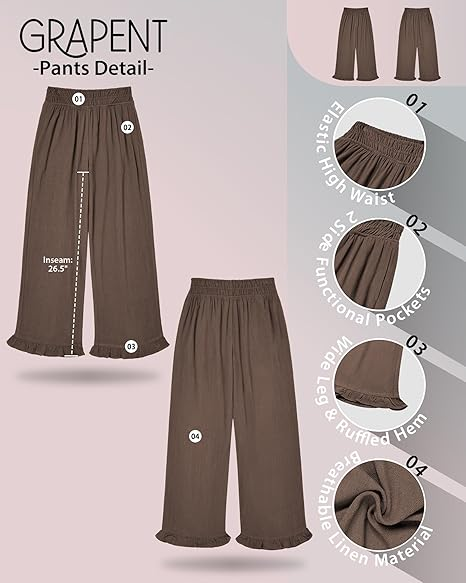 GRAPENT Linen Pants Women Wide Leg Ruffle Hem Pull On High Waisted Elastic Waist Cropped Ankle Casual Beach Summer Pants