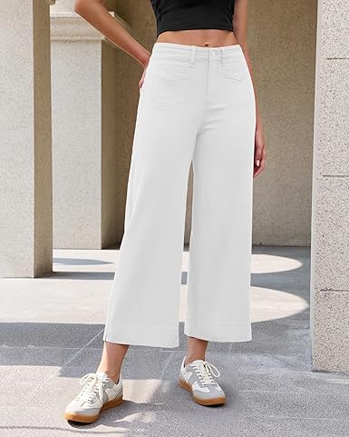 GRAPENT Cropped Jeans for Women Trendy 2026 Wide Leg High Waisted Patch Pocket Stretchy Denim Pants Short Trouser Jeans