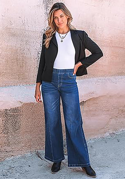 GRAPENT Pull On Womens Jeans Baggy Stretchy High Waisted Denim Wide Leg Trouser Pants Trendy Front Seam 90s Loose Jean