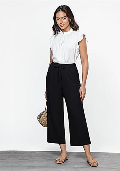 GRAPENT Linen Pants for Women High Waisted Wide Leg Capri Elastic Waist Casual Beach Flowy Cropped Summer Capris Pants