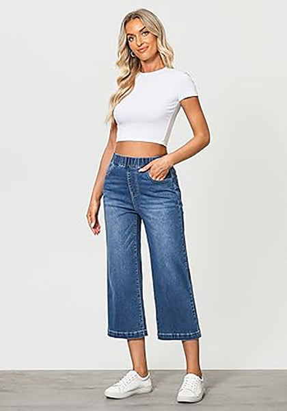 GRAPENT Capri Jeans for Women Wide Leg High Waisted Effortless Flow Pull On Stretchy Denim Elastic Waist Pants with Pockets