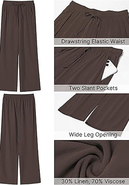 GRAPENT Linen Pants for Women Wide Leg High Waisted Baggy Drawstring Elastic Waist Palazzo Trousers Pants with Pockets