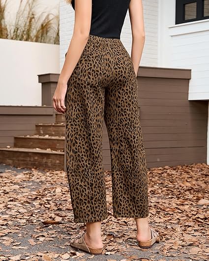 GRAPENT Barrel Jeans for Women Trendy High Waisted Pull On Wide Leg Cropped Leopard Cheetah Print Stretchy Denim Pants