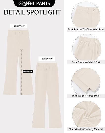 GRAPENT Corduroy Pants for Women Flare High Waisted Fall Winter Elastic Waist Stretchy Work Casual Trendy Wide Leg Pants