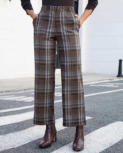 GRAPENT Plaid Pants for Women Wide Leg High Waisted Tartan Work Business Casual Elastic Waist Trousers Pants with Pocket