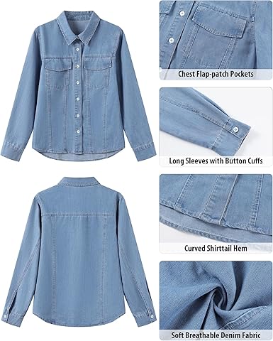 GRAPENT Women's Shirt Rugged Button Down Loose Durable Classic Fitted Denim Blouse Top