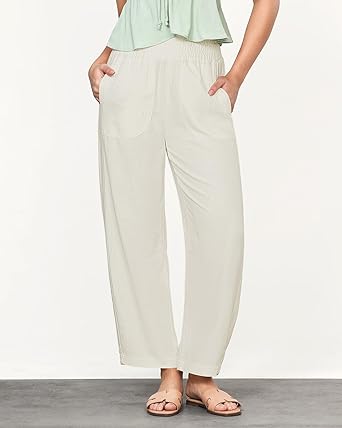 GRAPENT Linen Pants Women Wide Leg High Waisted Cropped Barrel Pull On Smocked Elastic Waist Summer Pants with Pockets