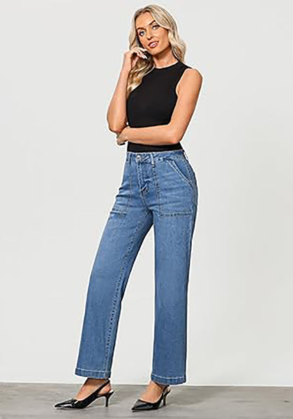 GRAPENT Jeans for Women High Waisted Straight Leg Jeans Stretchy Trendy Wide Leg Denim Pants Jean Trousers Patch Pockets