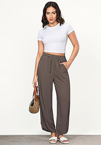 GRAPENT Linen Pants Women High Waisted Wide Leg Casual Beach Pull On Elastic Waist Summer Cropped Pants with Pockets