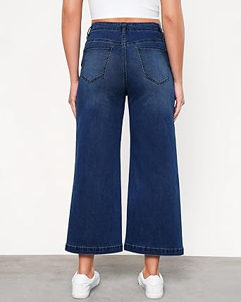 GRAPENT Wide Leg Jeans Woman Trendy Cropped High Waisted Front Seam Casual Stretchy Denim Trouser Jeans with Pockets