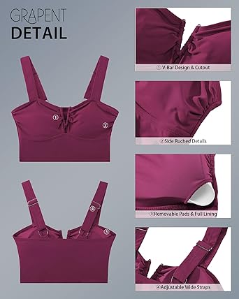 GRAPENT Bikini Tops for Women Cropped Tankini Tops Beach V Bar Padded Ruched Adjustable Strap Swimsuit Swim Top Only