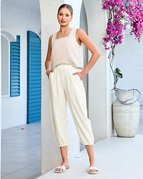 GRAPENT Capri Pants for Women Linen Barrel High Waisted Pull On Elastic Waist Casual Summer Capris Beach Vacation Pants