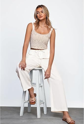 GRAPENT Linen Wide Leg Pants Woman High Waisted Pull On Button Drawstring Baggy Casual Summer Palazzo Pants with Pockets