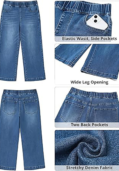 GRAPENT Capri Jeans for Women Wide Leg High Waisted Effortless Flow Pull On Stretchy Denim Elastic Waist Pants with Pockets