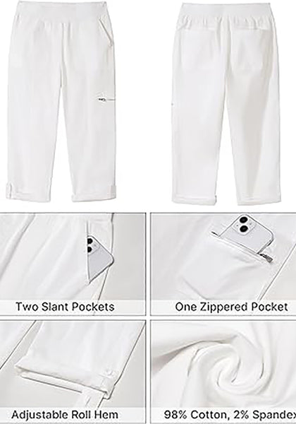 GRAPENT Capri Cargo Pants for Women High Waisted Pull On Elastic Waist Stretch Twill Fold Hem Capris Pants with Pockets