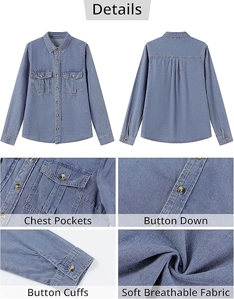 Grapent Women's Supima Cotton Wrinkle-free Relaxed Fit  Button Shirt Workwear-inspired Denim Shirt