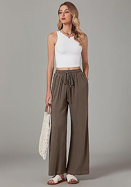 GRAPENT Wide Leg Pants Woman Linen High Waisted Pull On Flowy Casual Baggy Drawstring Palazzo Trousers Pants Resort Wear