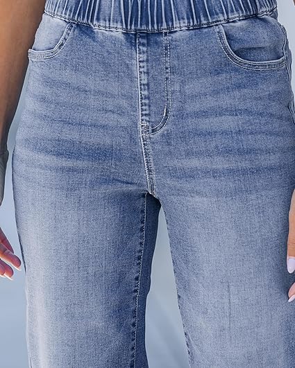 GRAPENT Capri Jeans for Women Wide Leg High Waisted Effortless Flow Pull On Stretchy Denim Elastic Waist Pants with Pockets