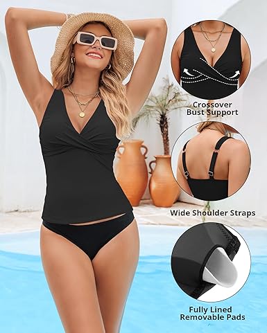 GRAPENT StrapCore Tankini Tops for Women Cross Over Adjustable Straps Padded Modest Swimsuits Swimwear Bathing Suit Swim Top Only