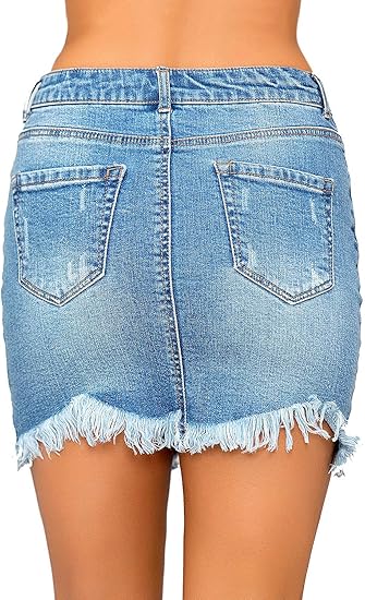 GRAPENT Women's Mid-Waist Ripped Denim Skirt Casual Fringed Hem Mini Skirt with Pockets
