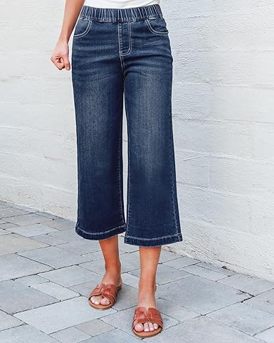 GRAPENT Capri Jeans for Women Wide Leg High Waisted Effortless Flow Pull On Stretchy Denim Elastic Waist Pants with Pockets