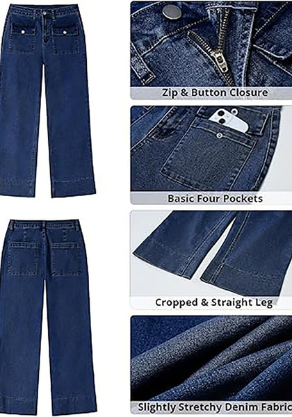 GRAPENT Wide Leg Jeans for Women Trendy High Waisted Straight Leg Cropped Stretchy Denim Pants with Retro Patch Pockets