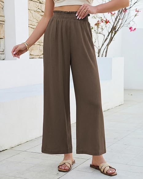 GRAPENT Linen Pants for Women Wide Leg High Waisted Paper Bag Smocked Waist Casual Summer Beach Vacation Palazzo Pants