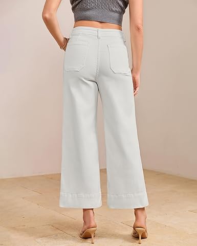 GRAPENT Wide Leg Jeans for Women Cropped Trendy High Waisted Welt Pocket Stretchy Denim Pants Distressed Trouser Jeans