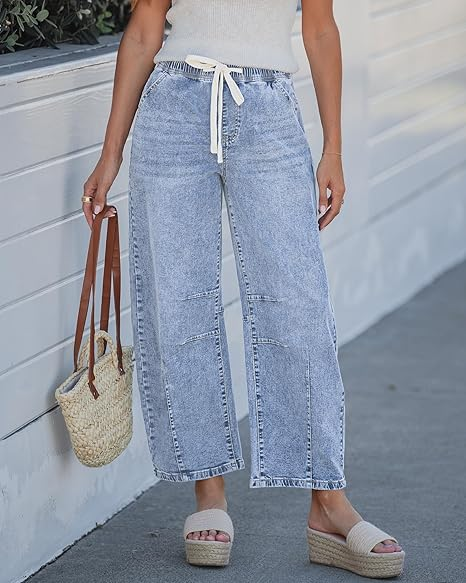 GRAPENT Barrel Jeans for Women Trendy High Waisted Cropped Baggy Wide Leg Pull On Elastic Waist Stretchy Denim Pants
